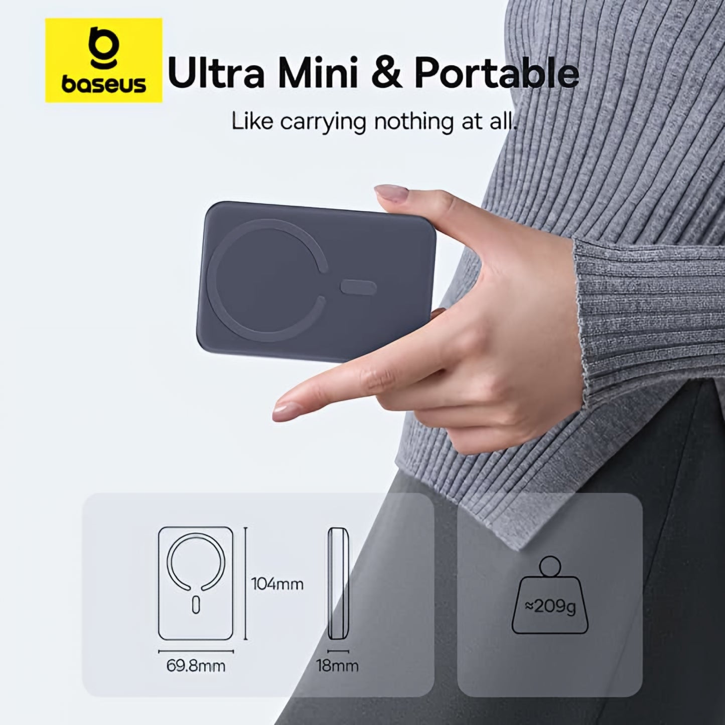 Externer Wireless-Akku Baseus EnerFill FM11 Ultra-Mini, 10000mAh, 22.5W, PD + FQI, 1 x QI - 1 x USB-C, Grau E0026602
