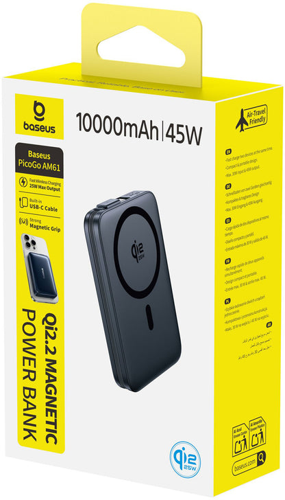 Baseus PicoGo AM61 Wireless Powerbank, 10000mAh, 45W, PD + FQI, 1 x QI - 2 x USB-C, Schwarz E0028V00