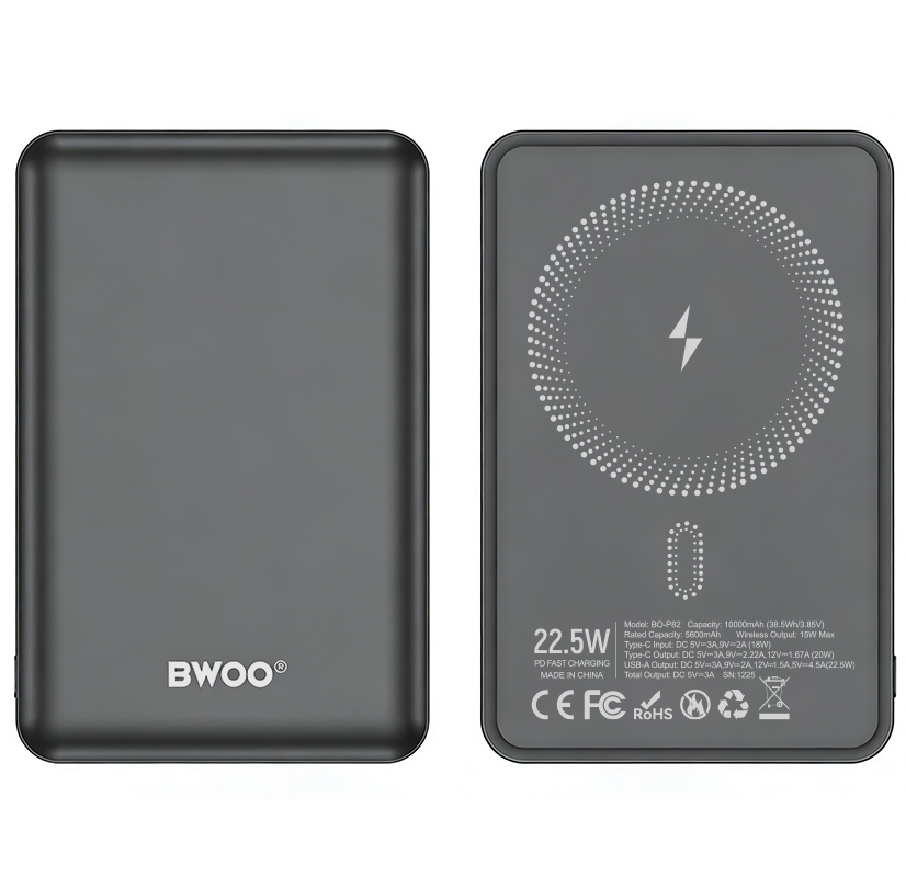 Kabellose Externe Batterie BWOO BO-P82, 10000mAh, 22,5W, PD + FQI, 1 x QI - 1 x USB-C, Grau