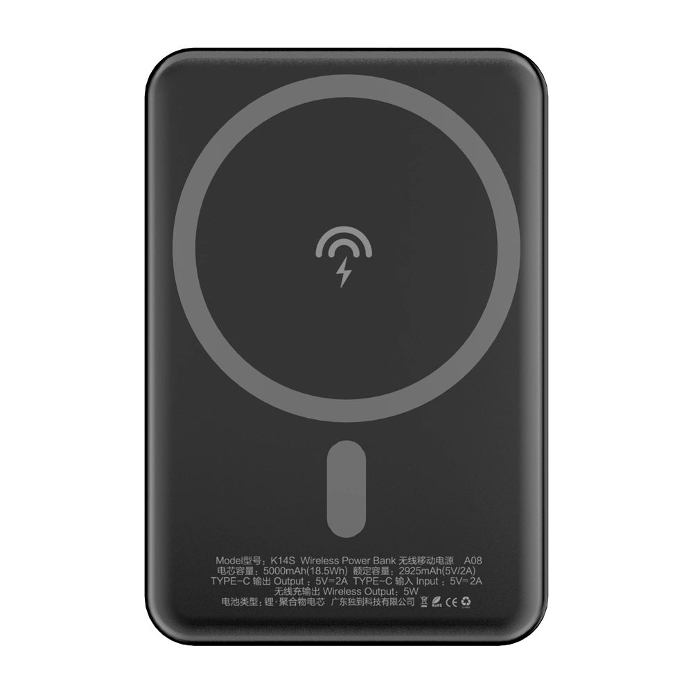 Externer Wireless-Akku Dudao K14S, 5000mAh, 10W, PD + QI, 1 x QI - 1 x USB-C, Schwarz