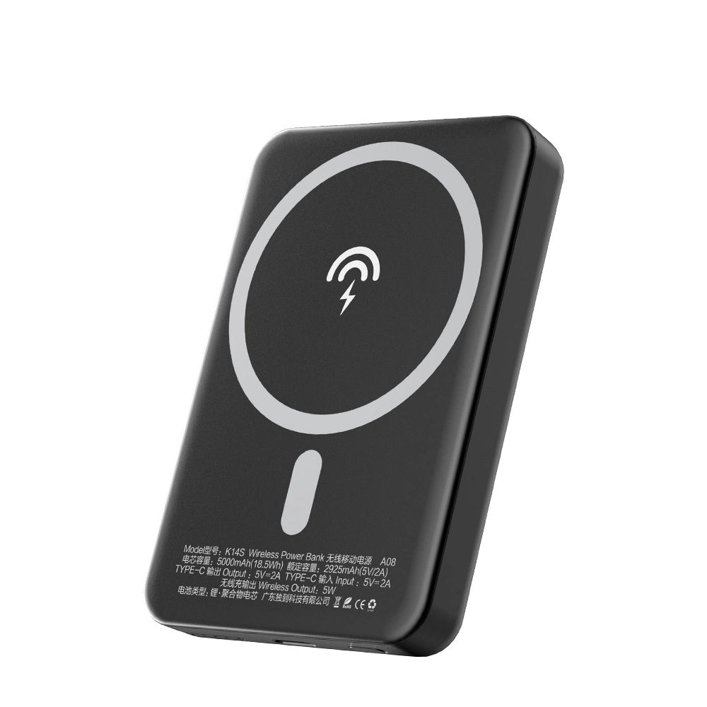 Dudao K14S Kabelloser externer Akku, 5000 mAh, 10 W, PD + QI, 1 x QI – 1 x USB-C, Schwarz