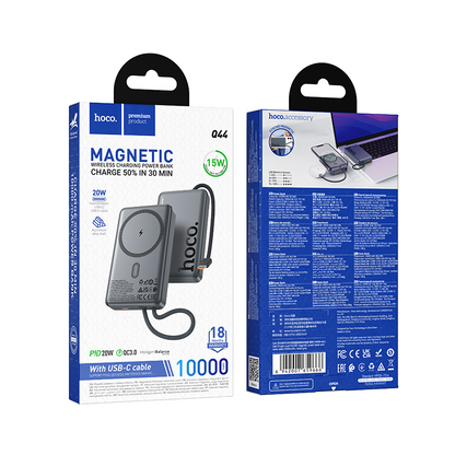 HOCO Q44 Wireless External Battery, 10000mAh, 20W, PD + FQI, 1 x QI - 2 x USB-C, Gray