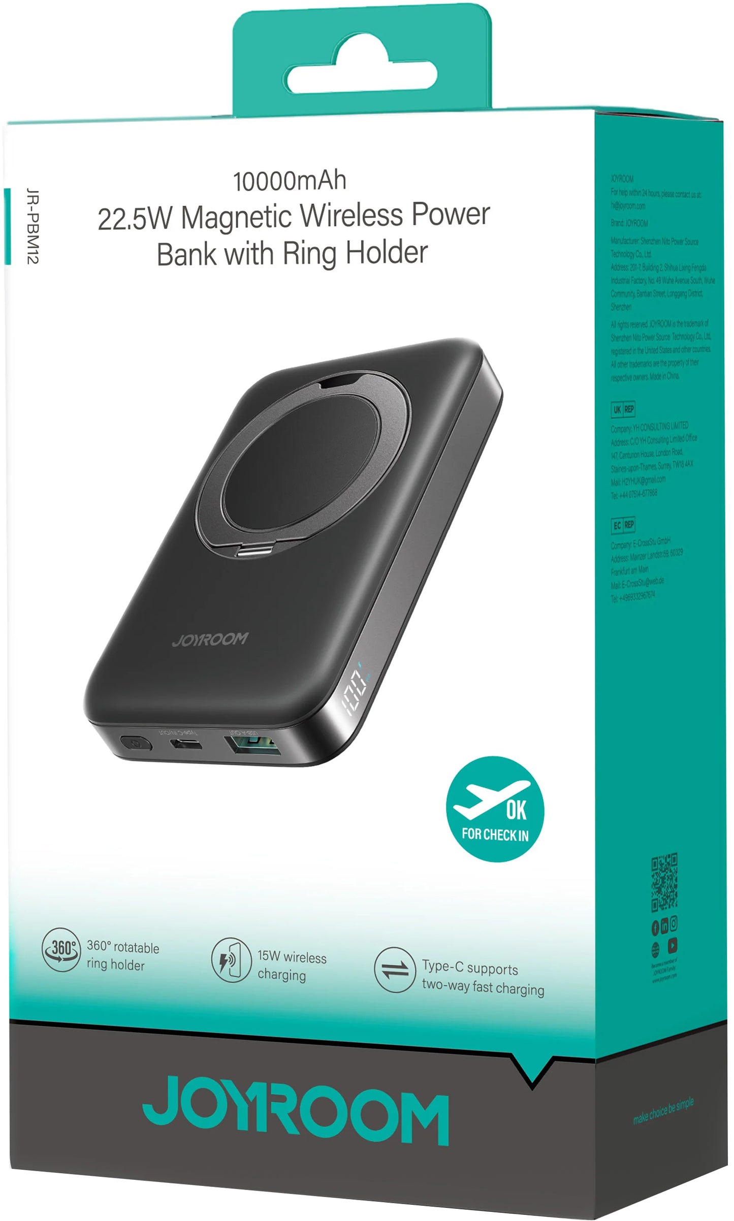 Externer Wireless-Akku Joyroom JR-PBM12, 10000mAh, 22.5W, QC + PD + FQI, 1 x QI - 1 x USB-A - 1 x USB-C, Schwarz