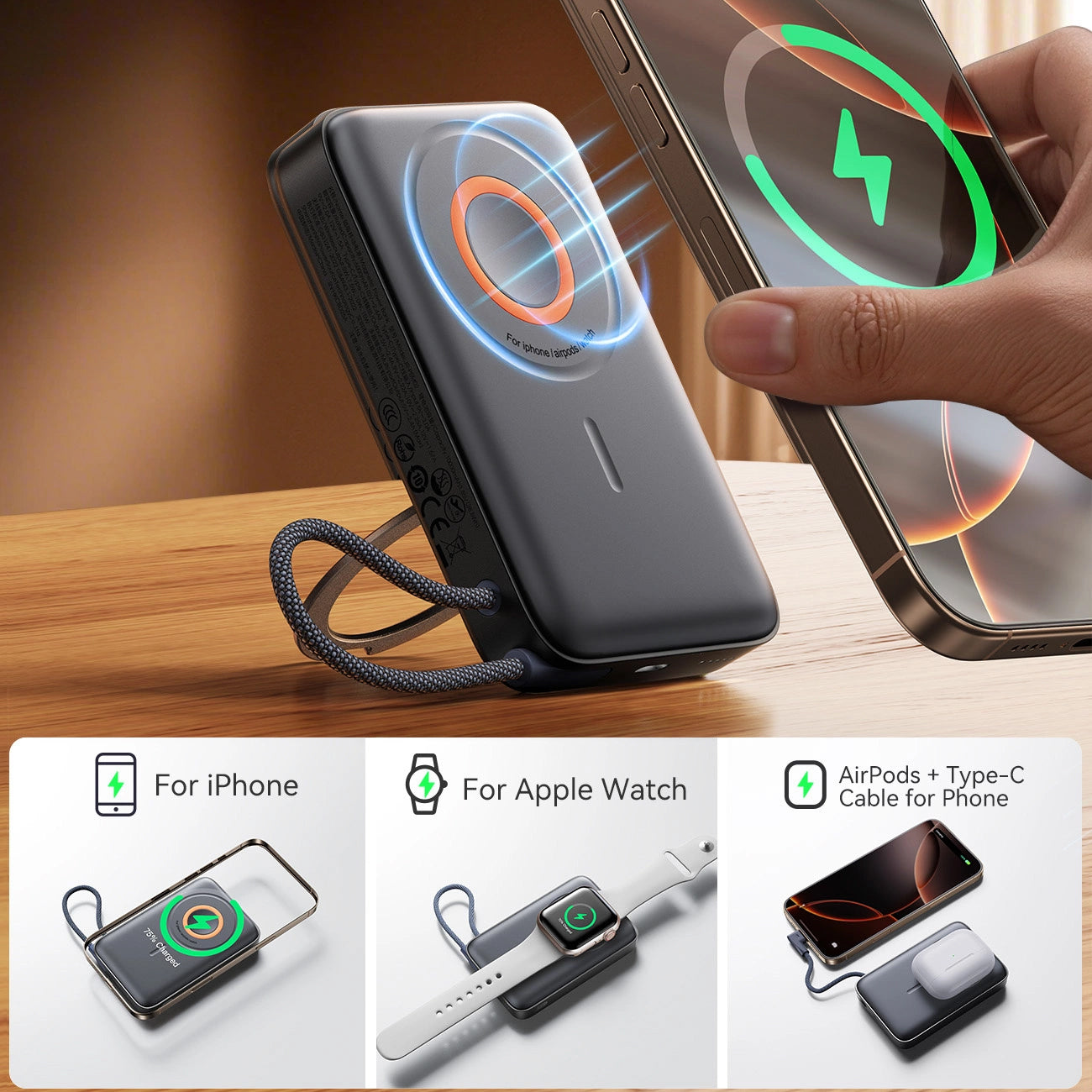 Externer Wireless-Akku Joyroom JR-PBM02, 10000mAh, 22.5W, PD + FQI, 1 x QI - 2 x USB-C, Schwarz