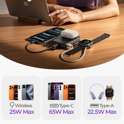 Wireless Externe Batterie Lisen P604, 10000mAh, 65W, QC + PD + FQI, 1 x QI - 1 x USB-A - 1 x USB-C, Schwarz