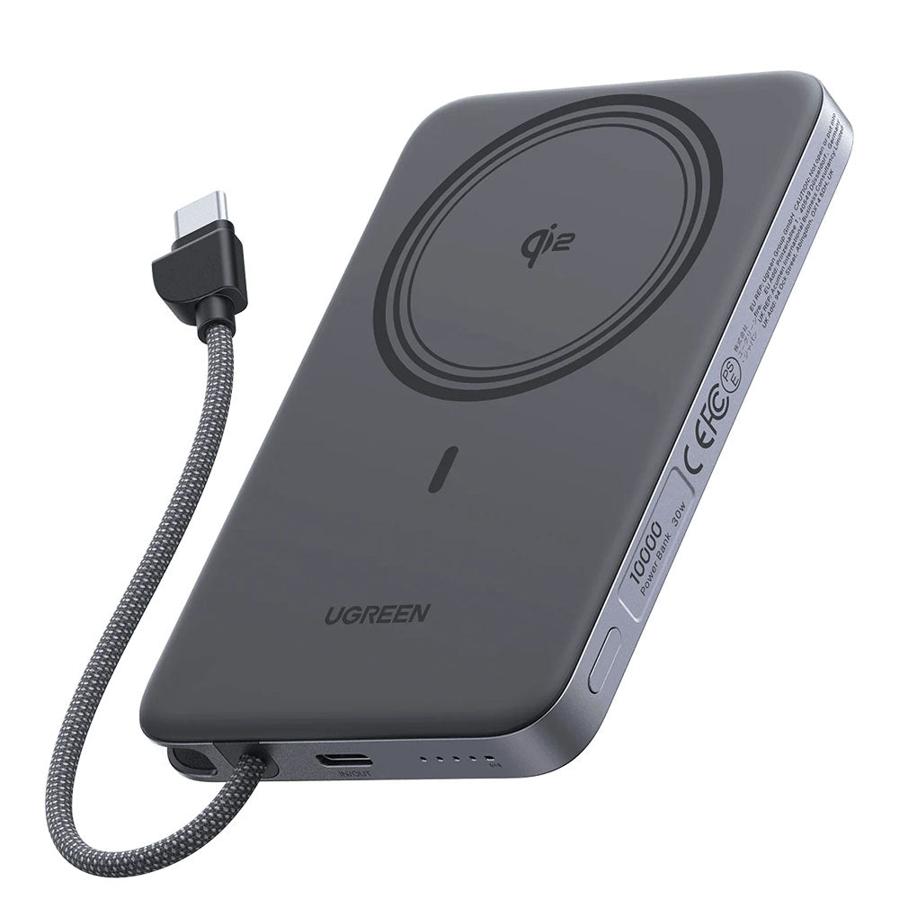 Kabellose Powerbank UGREEN PB570 (75982B), 10000 mAh, 30 W, PD + FQI, 1 x Qi – 2 x USB-C, Grau