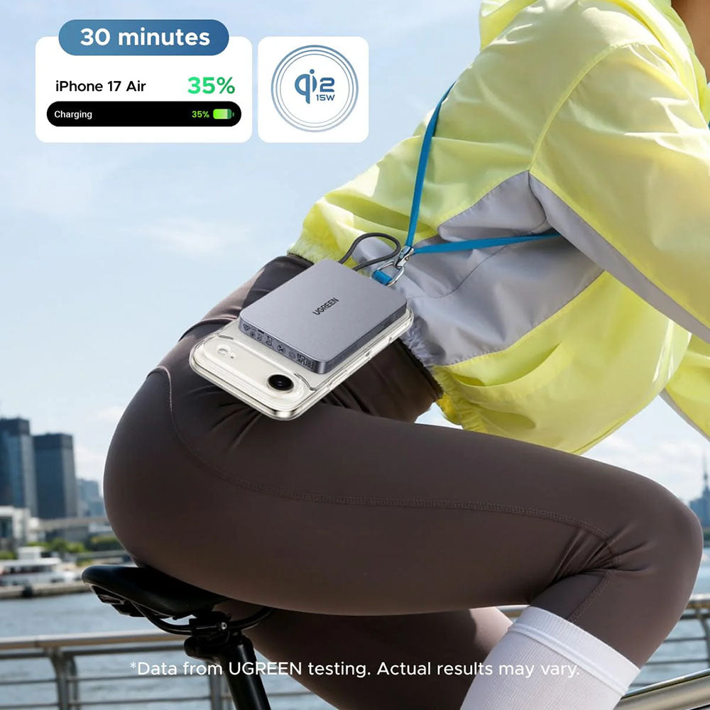 Kabellose Powerbank UGREEN PB570 (75982B), 10000 mAh, 30 W, PD + FQI, 1 x Qi – 2 x USB-C, Grau