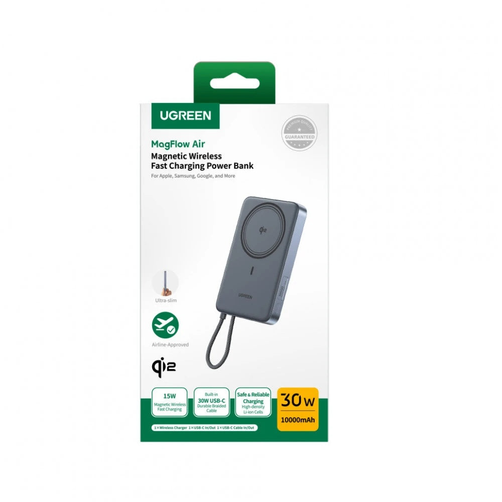 Kabellose Powerbank UGREEN PB570 (75982B), 10000 mAh, 30 W, PD + FQI, 1 x Qi – 2 x USB-C, Grau