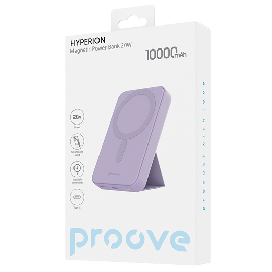 Proove Hyperion Wireless External Battery, 10000mAh, 20W, PD + FQI, 1 x QI - 1 x USB-C, Purple