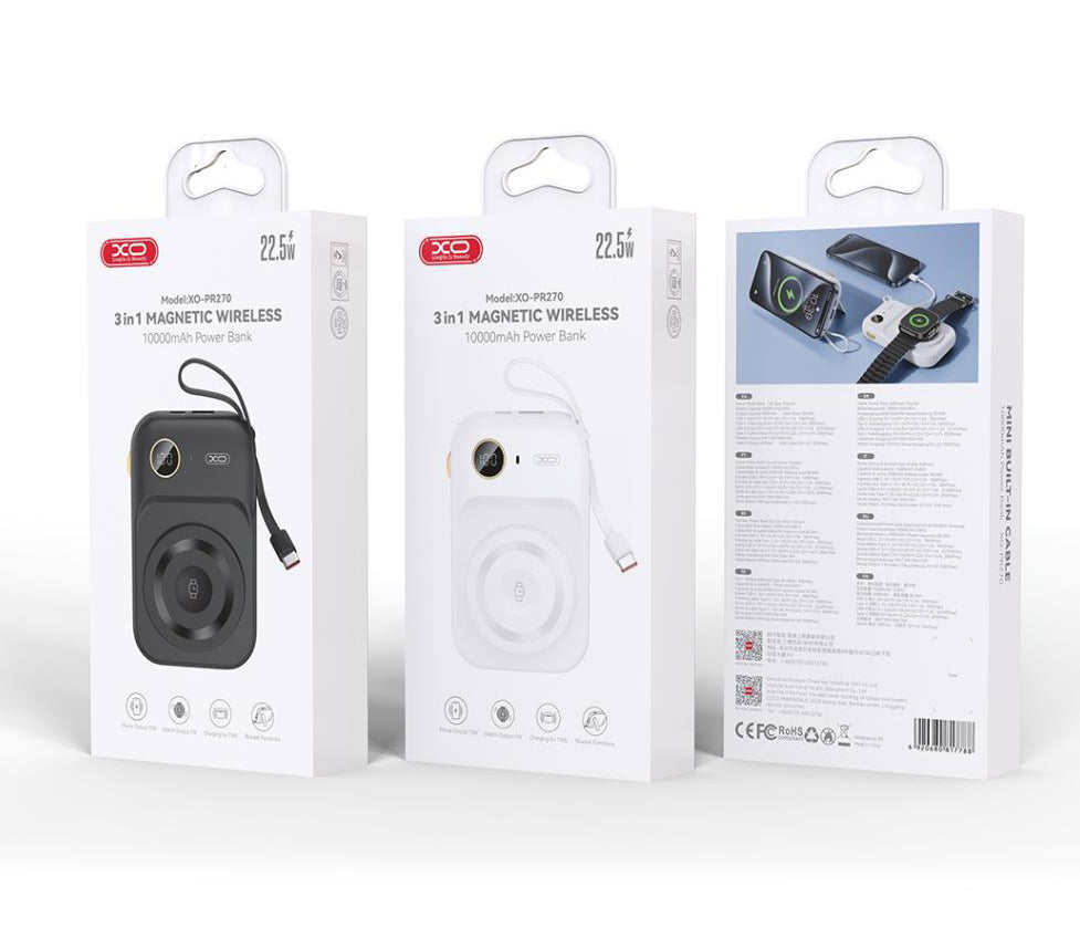 Externer Wireless-Akku XO Design PR270, 10000mAh, 22.5W, QC + PD + QI, 1 x QI - 1 x USB-A - 1 x USB-C, Weiß