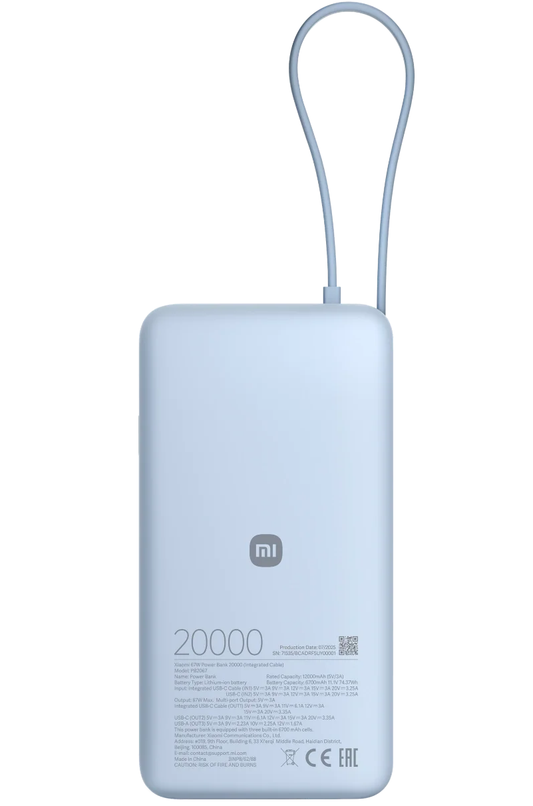 Externe Xiaomi Batterie, 20000mAh, 67W, QC + PD, 1 x USB-A - 2 x USB-C, Blau BHR08O8GL