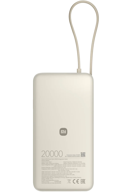 Externe Batterie Xiaomi, 20000mAh, 67W, QC + PD, 1 x USB-A - 2 x USB-C, Beige BHR08O7GL