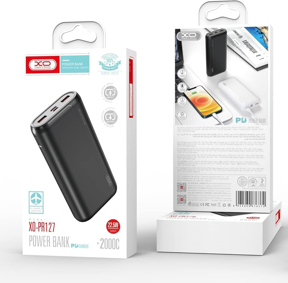 Externer Akku XO Design PR127, 20000mAh, 22.5W, QC + PD, 1 x USB-C - 2 x USB-A, Schwarz