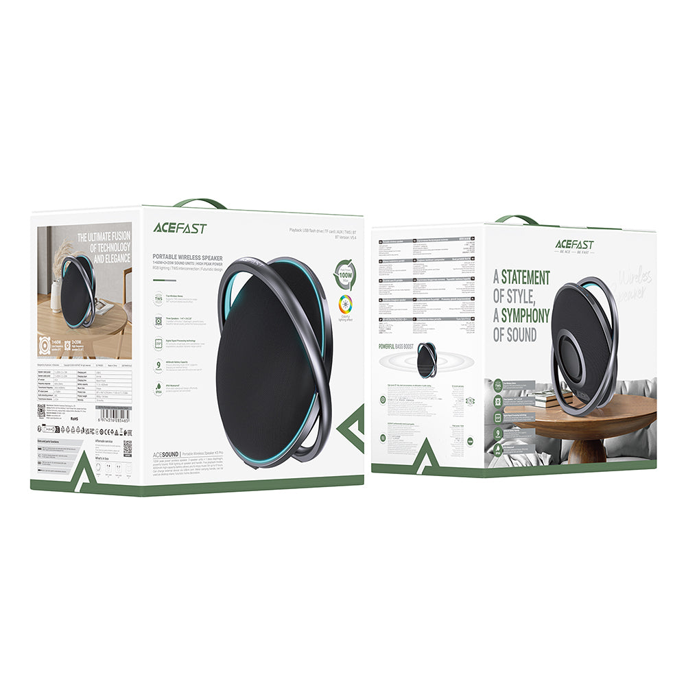 Bluetooth-Lautsprecher Acefast K5 Pro, 100W, RGB, wasserdicht, Schwarz