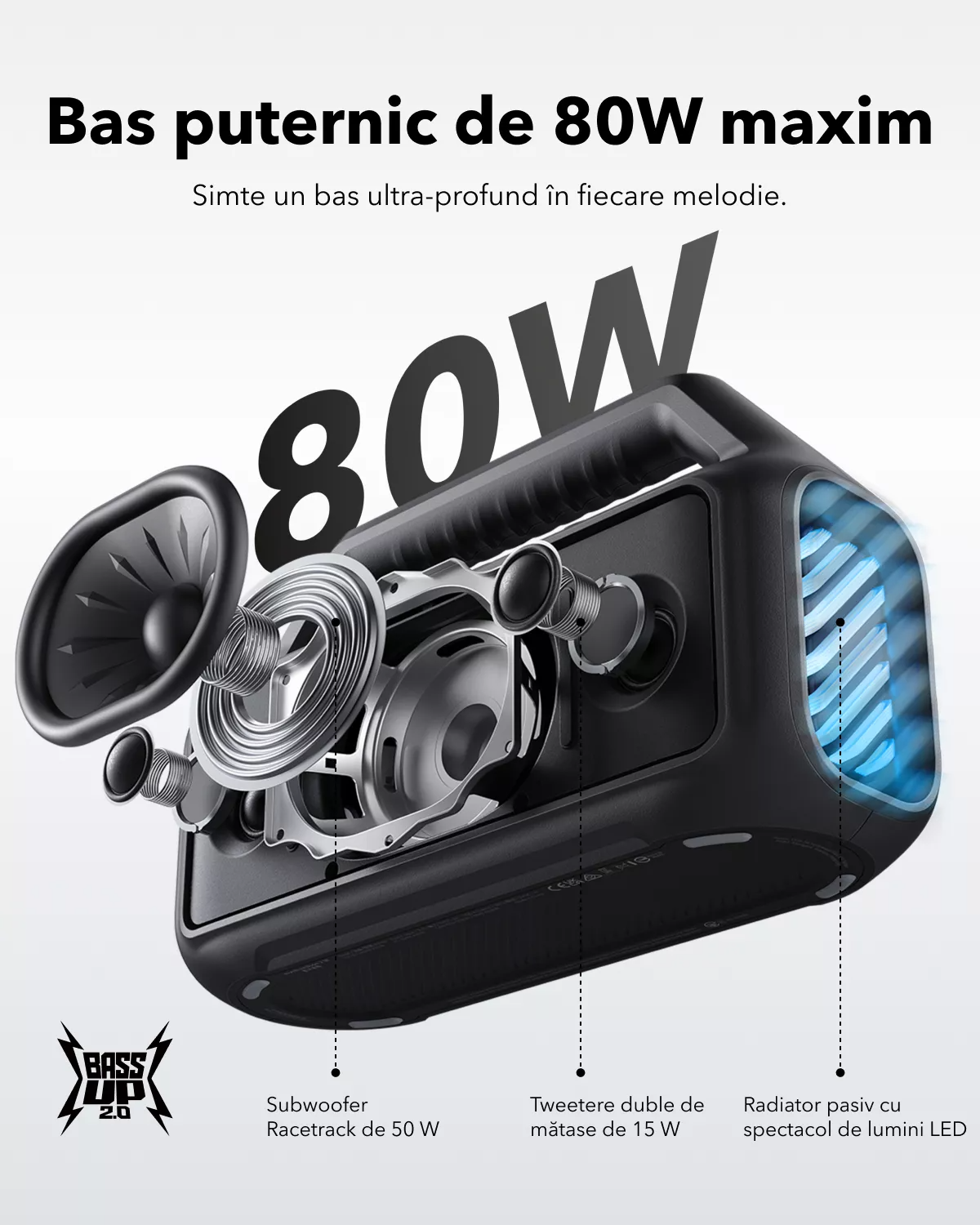 Tragbarer Bluetooth-Lautsprecher Anker SoundCore Boom 2 Neue Version, 80W, TWS, RGB, Wasserdicht, Schwarz A3138012