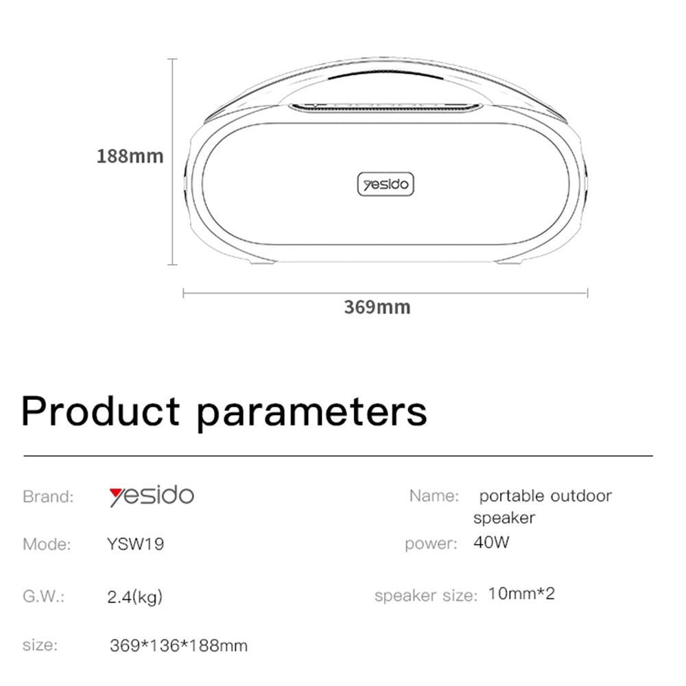 Tragbarer Bluetooth-Lautsprecher Yesido YSW19, 40W, RGB, Wasserdicht, Schwarz