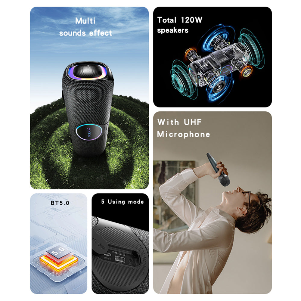 Yesido YSW21 Karaoke Bluetooth Speaker, 120W, RGB, Waterproof, Black