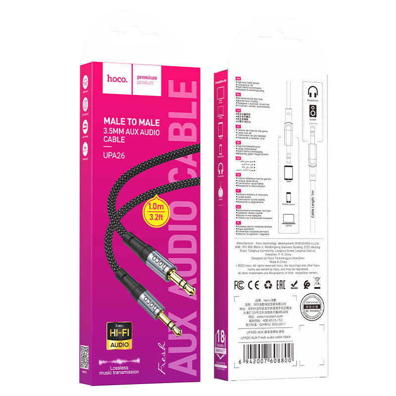 Audio-Kabel 3.5mm - 3.5mm HOCO UPA26, 1m, Schwarz