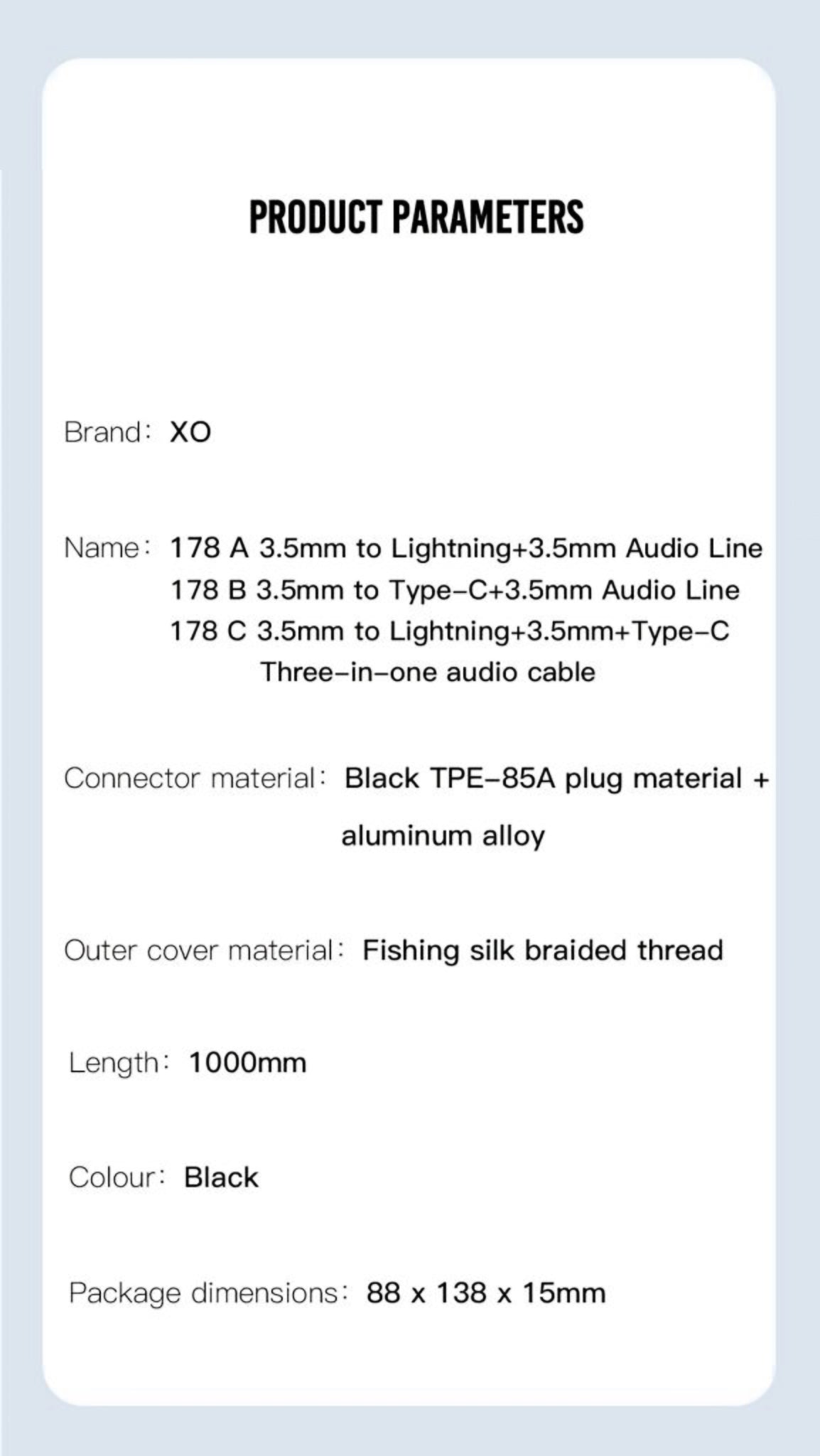 USB-C / 3.5mm - 3.5mm XO Design NB178B Audio Cable, 1m, Black