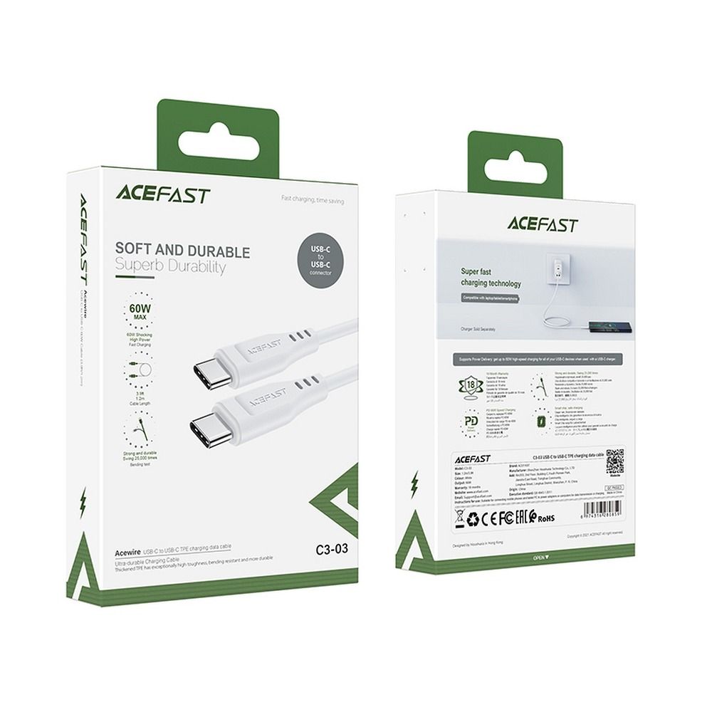 Daten- und Ladekabel USB-C - USB-C Acefast C3-03, 60W, 1,2m, Weiß