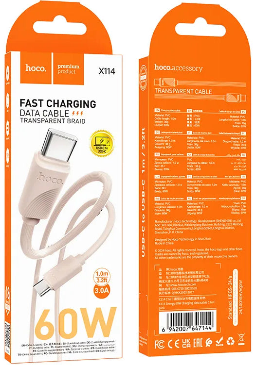 USB-C Daten- und Ladekabel - USB-C HOCO X114, 60W, 1m, Rosa
