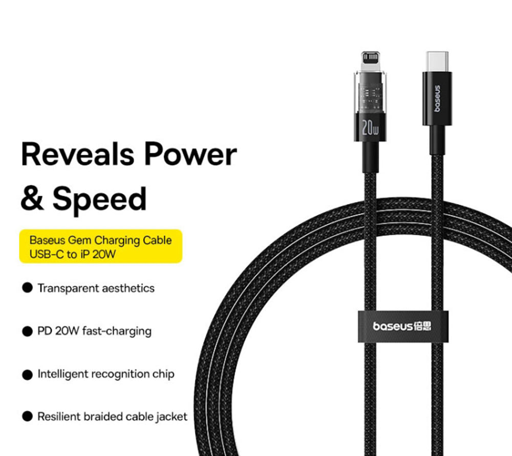 USB-C - Lightning Lade- und Datenkabel Baseus Gem, 20W, 2m, Schwarz P10373001111-01