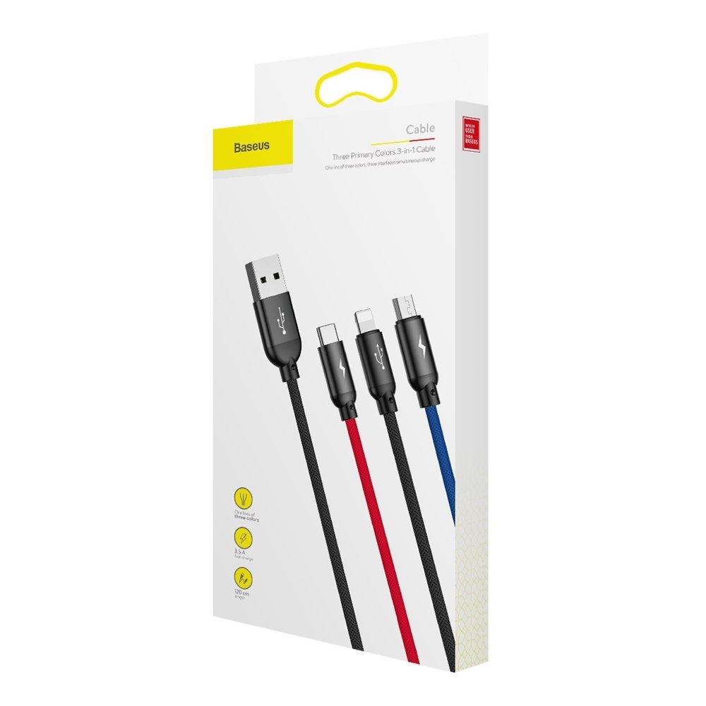USB-A Ladekabel - Lightning / microUSB / USB-C Baseus Colors 3in1, 20W, 1,2m, Schwarz CAMLT-BSY01