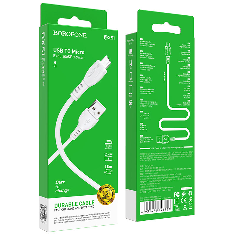 Daten- und Ladekabel USB-A – microUSB Borofone BX51 Triumph MP, 18 W, 1 m, Weiß 