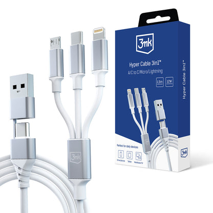 3MK Hyper 3in1 Ladekabel 1.5m | USB-A/C auf Lightning/microUSB/USB-C | Weiß