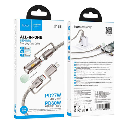 Daten- und Ladekabel USB-C / Lightning - USB-C / LED HOCO U138, 60W, 1.2m, Grau