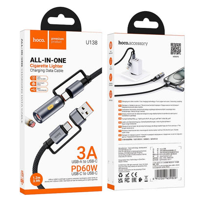 USB-C / USB-A Daten- und Ladekabel - USB-C / Elektrisches Feuerzeug HOCO U138, 60W, 1.2m, Schwarz