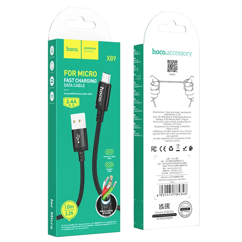 USB-A - microUSB Lade- und Datenkabel HOCO X89, 18W, 1m, Schwarz
