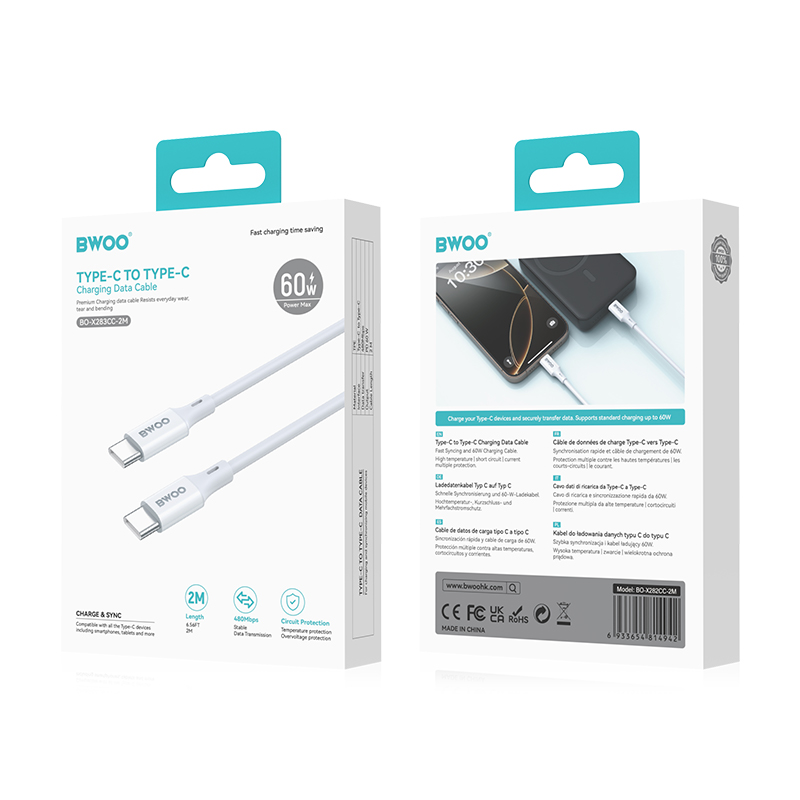 Daten- und Ladekabel USB-C - USB-C BWOO BO-X283CC-2M, 60W, 2m, Weiß