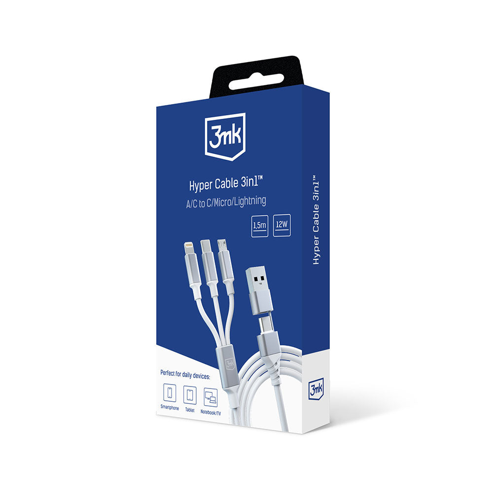 3MK Hyper 3in1 Ladekabel 1.5m | USB-A/C auf Lightning/microUSB/USB-C | Weiß