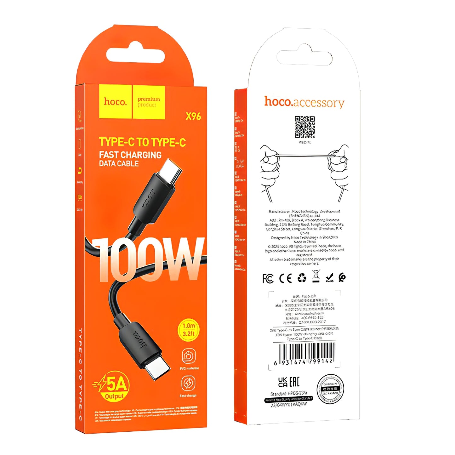 Daten- und Ladekabel USB-C - USB-C HOCO X96, 100W, 1m, Schwarz