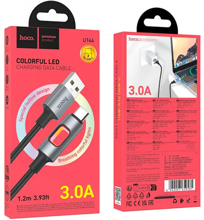 Daten- und Ladekabel USB-A - USB-C HOCO U144 Led, 18W, 1.2m, Schwarz