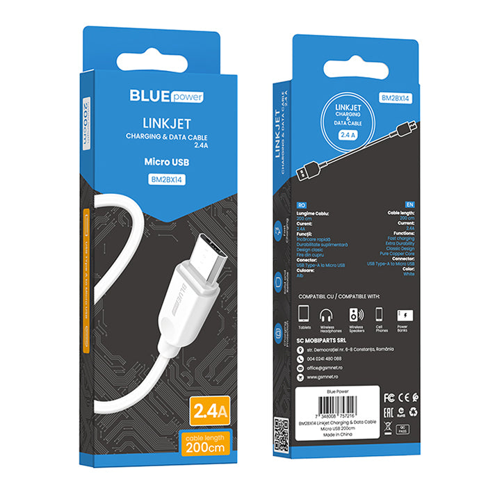 Data and Charging Cable USB-A - microUSB BLUE Power BM2BX14 LinkJet, 18W, 2m, White