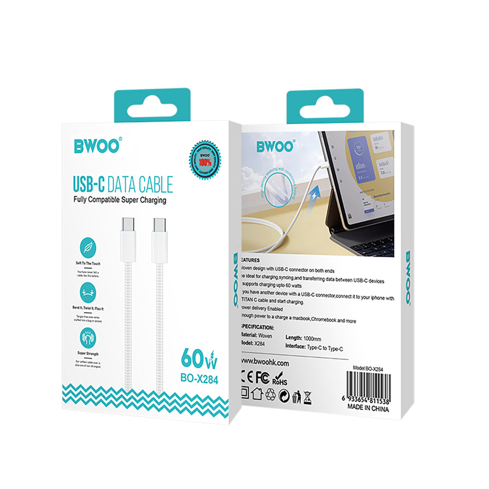 USB-C Daten- und Ladekabel - USB-C BWOO BO-X284, 60W, 1m, Weiß