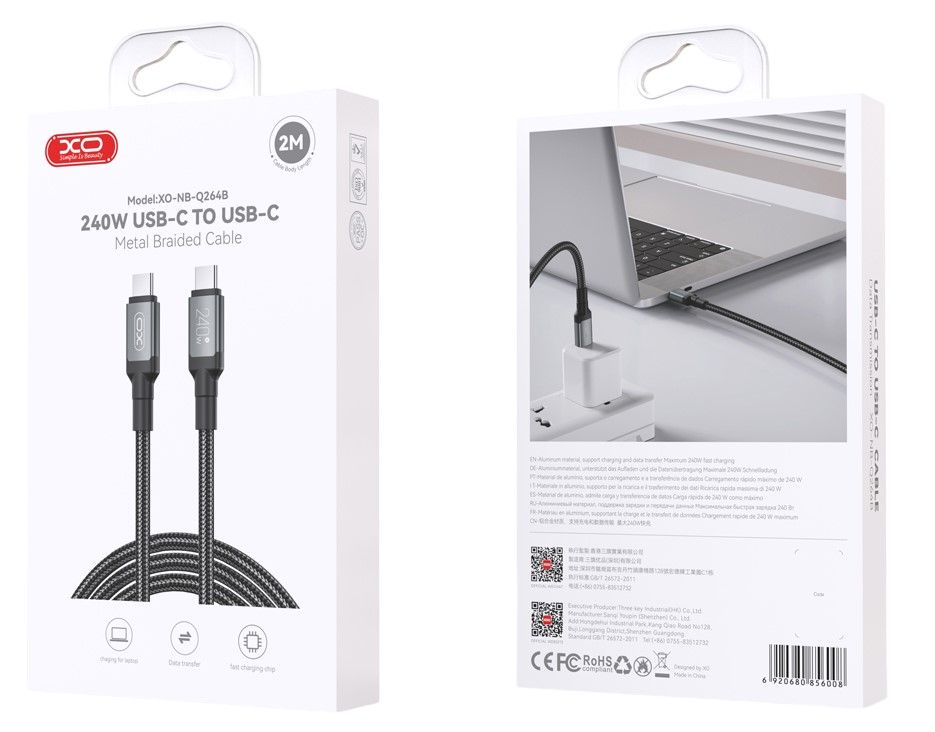 USB-C Daten- und Ladekabel - USB-C XO Design NB-Q264B, 240W, 2m, Schwarz