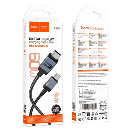 USB-C Daten- und Ladekabel - USB-C HOCO X118 Display, 60W, 1m, Schwarz