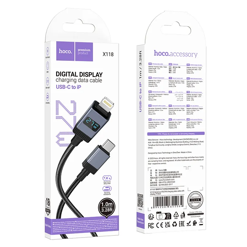USB-C - Lightning Daten- und Ladekabel HOCO X118 Display, 27W, 1m, Schwarz