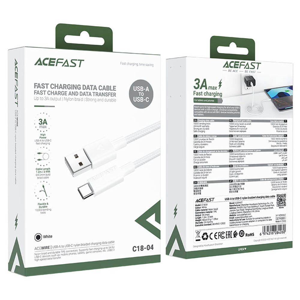 Daten- und Ladekabel USB-A - USB-C Acefast C18-04, 18W, 1.2m, Weiß