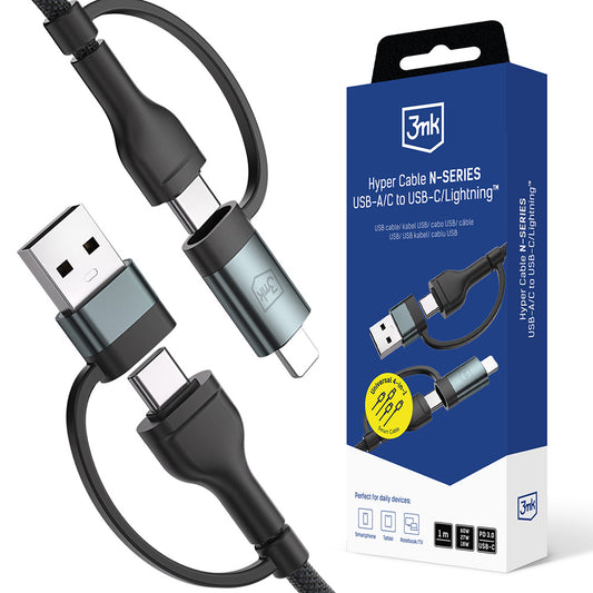 Daten- und Ladekabel USB-A / USB-C - USB-C / Lightning 3MK Hyper N, 60W, 1.2m, Schwarz