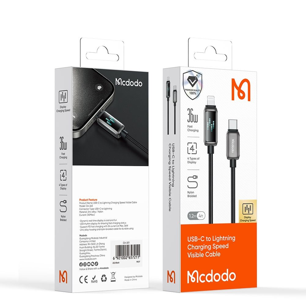 Daten- und Ladekabel USB-C - Lightning McDodo CA-2630 Display, 36W, 1.2m, Schwarz