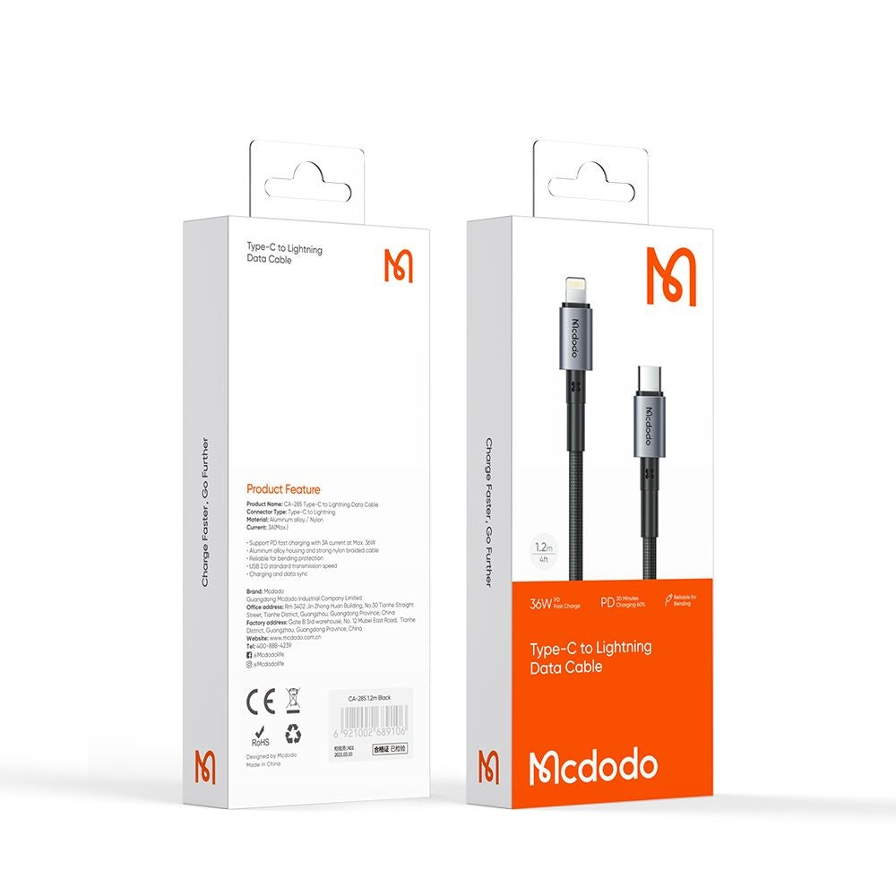 Daten- und Ladekabel USB-C - Lightning McDodo CA-2850, 36W, 1.2m, Schwarz