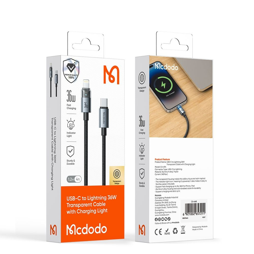 Daten- und Ladekabel USB-C - Lightning McDodo CA-6940, 36W, 1.2m, Schwarz