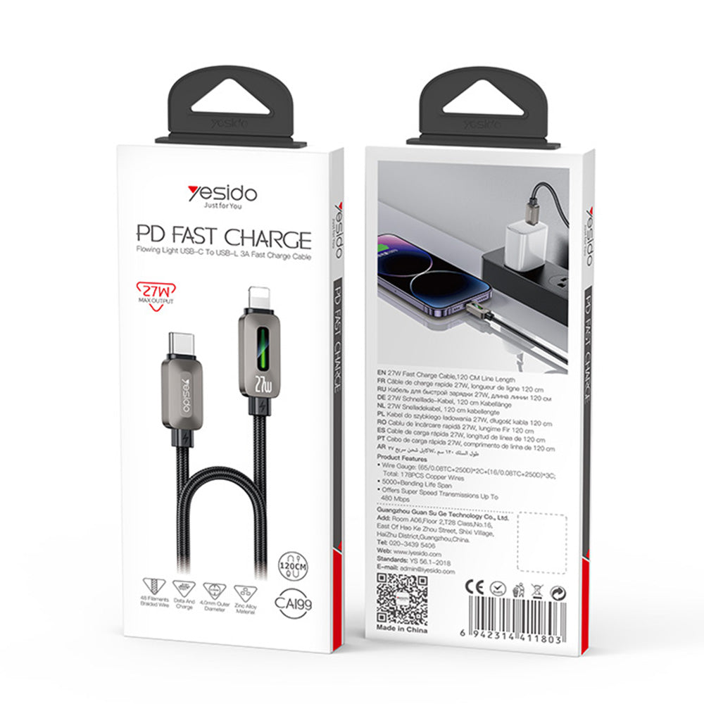 USB-C - Lightning Daten- und Ladekabel Yesido CA199, 27W, 1,2m, Schwarz
