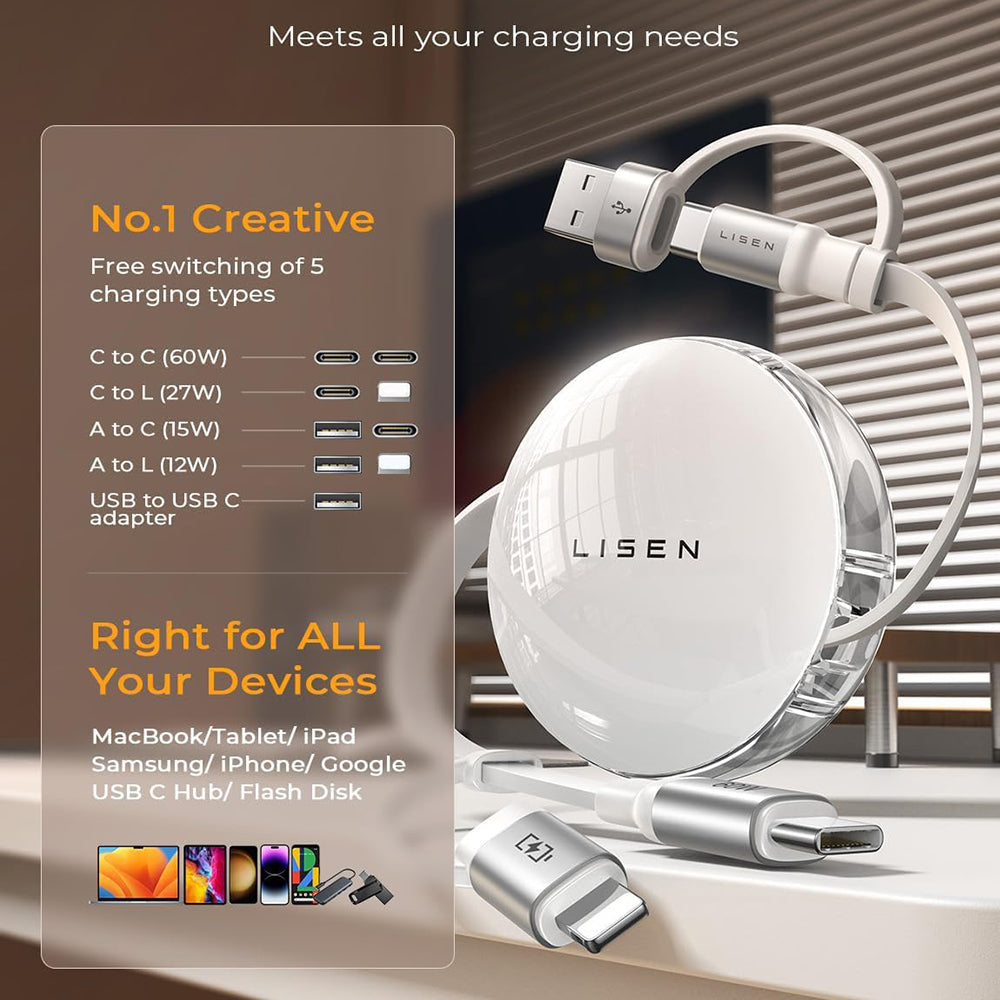 Daten- und Ladekabel USB-C / USB-A - USB-C / Lightning Lisen, 60W, 1m, Weiß YL0123030001