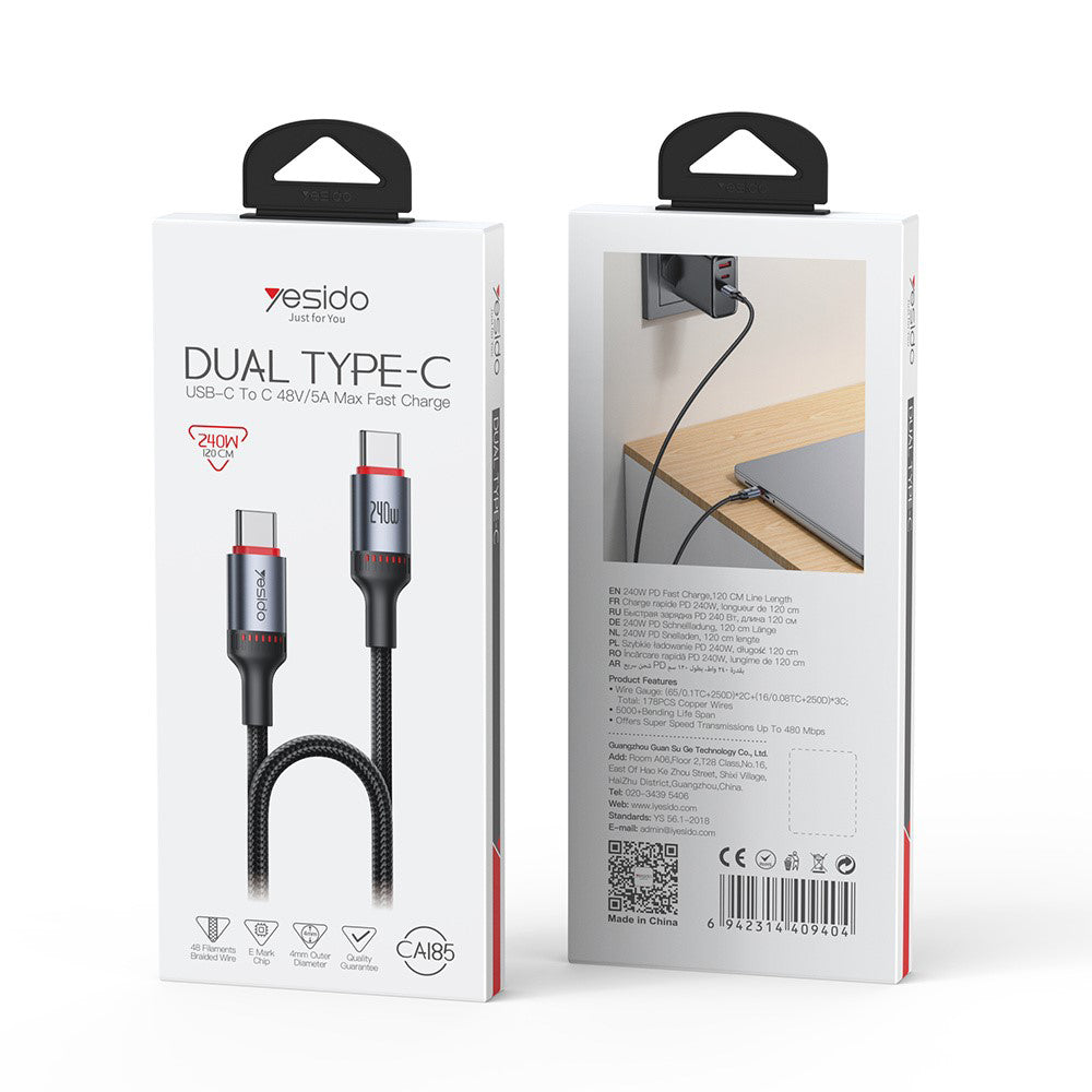 USB-C Daten- und Ladekabel - USB-C Yesido CA185, 240W, 1.2m, Schwarz
