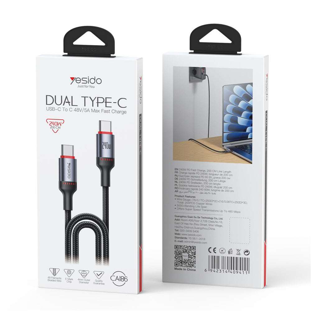 USB-C Daten- und Ladekabel - USB-C Yesido CA186, 240W, 2m, Schwarz